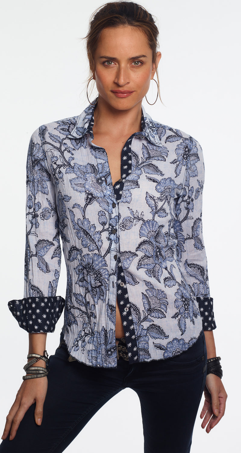 A model wears a CINO Vintage Blue Bali Batik button-down Shirt
