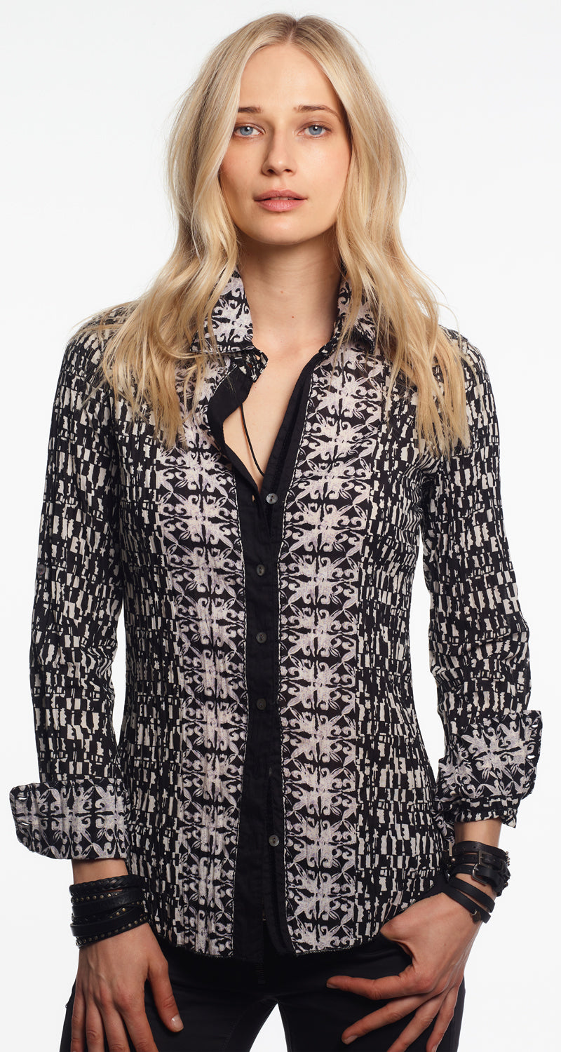 A model wears a CINO Black Abstract Tile button-down Shirt