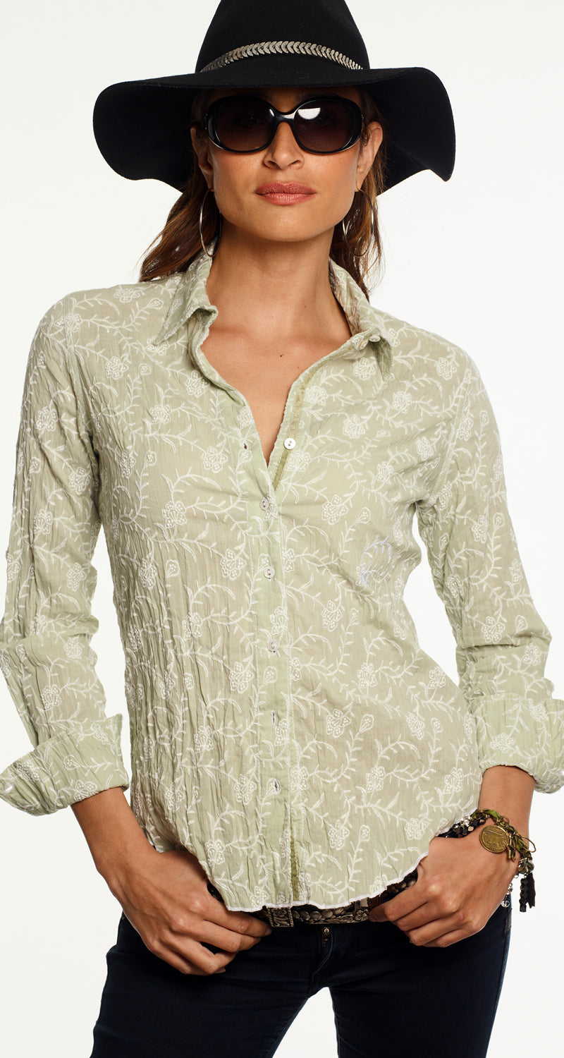 A model wears a CINO Trellis Soft Tarragon Embroidered button-down Shirt