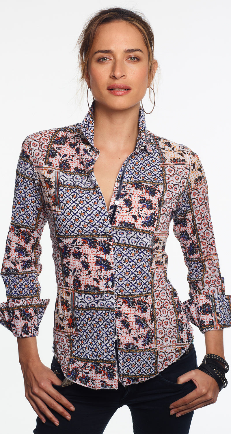 A model wears a CINO Jaipur Patchwork button-down Shirt