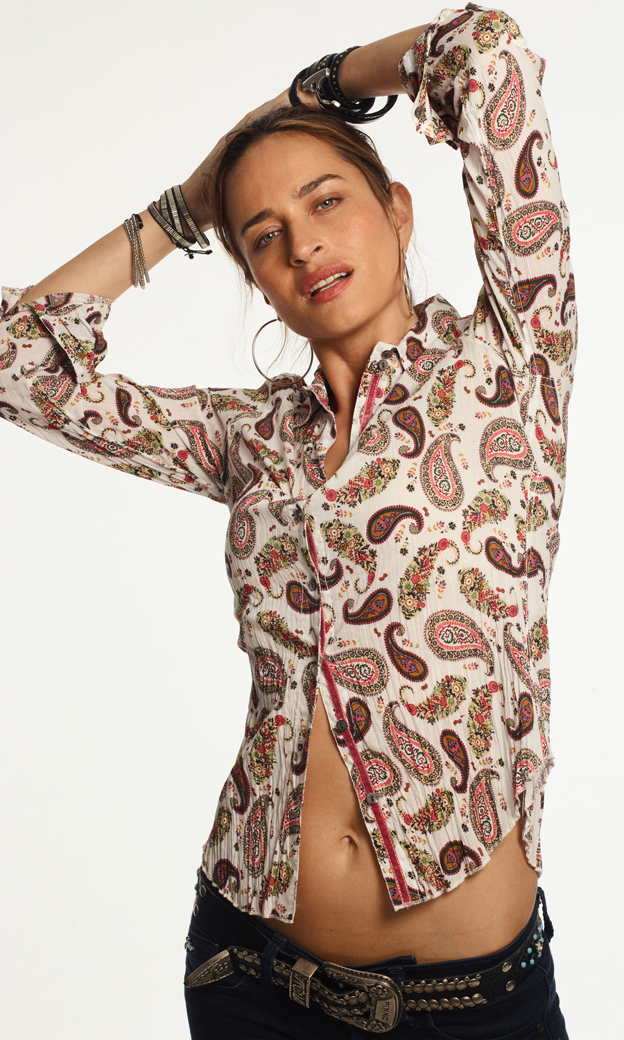 A model wears a CINO Off White Malay Paisley button-down Shirt