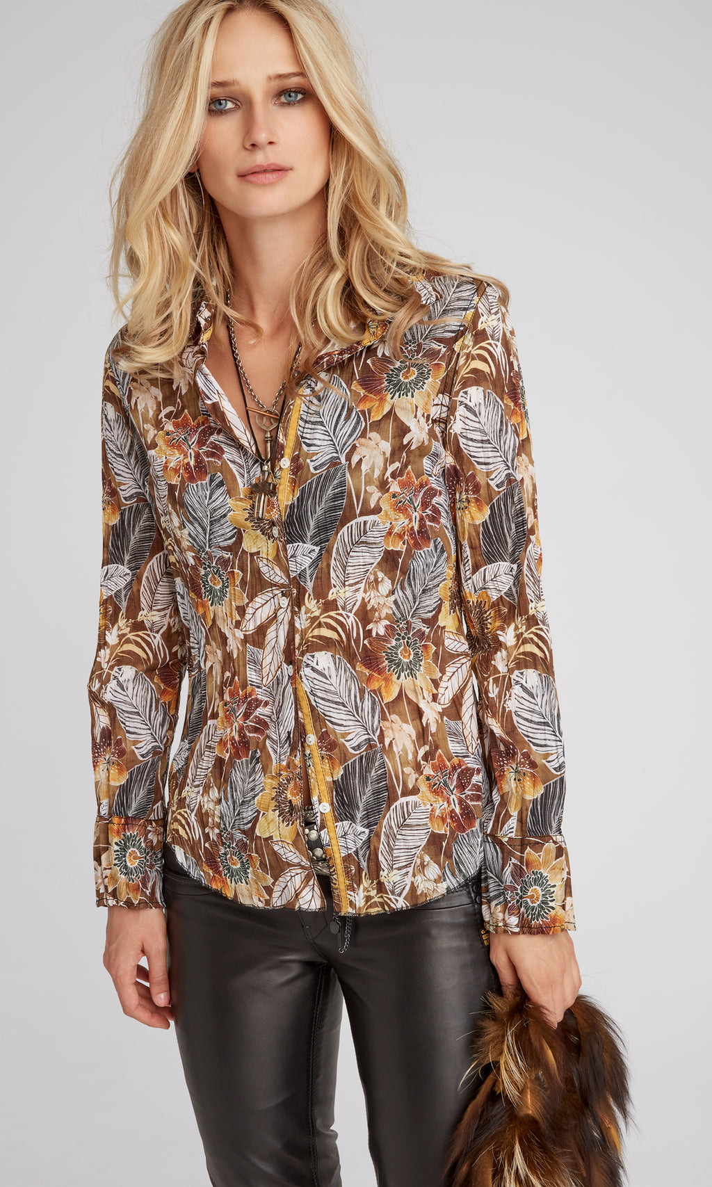 A model wears a CINO Havana Mocha button-down Shirt