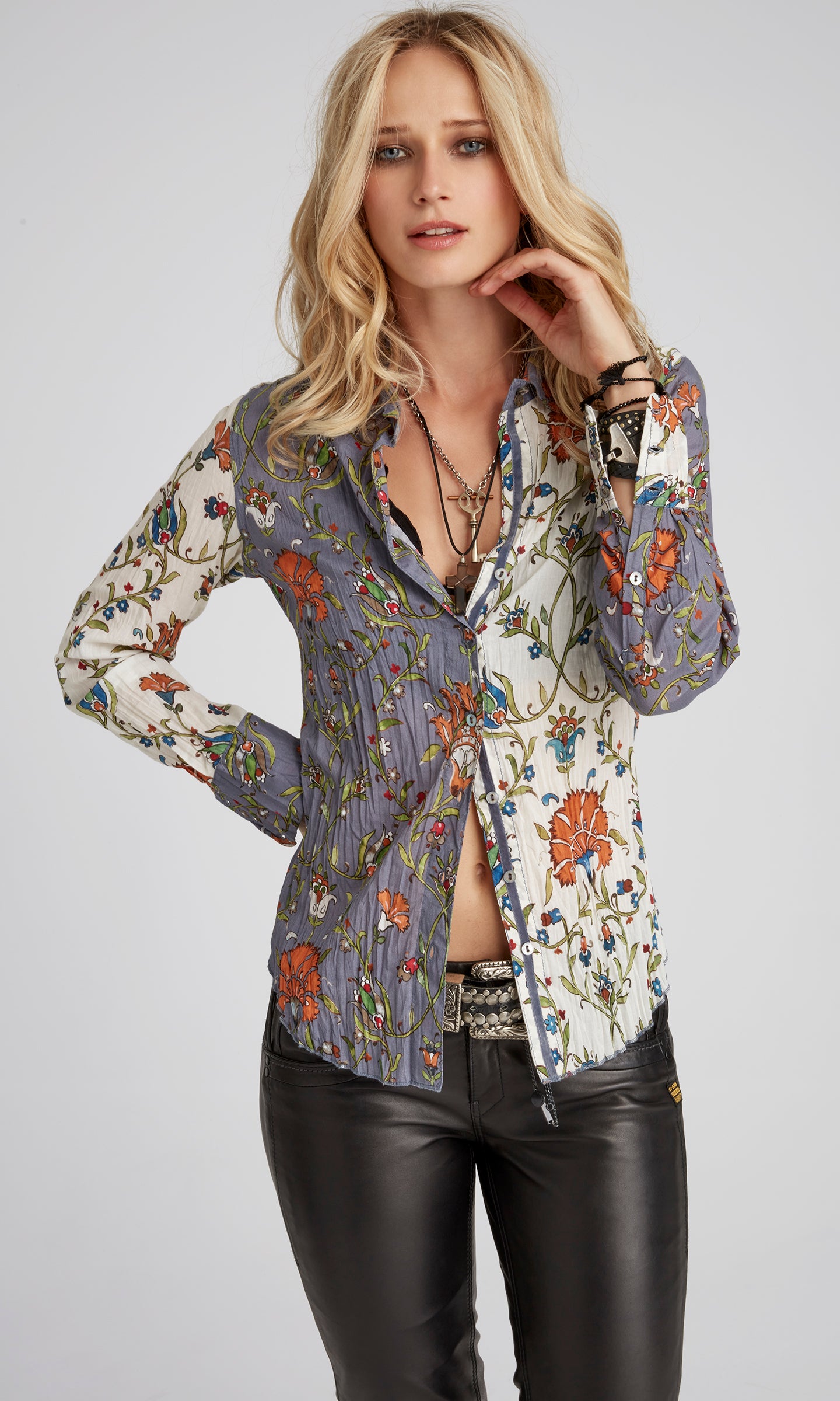 A model wears a CINO Indo Trellis Mix button-down Shirt