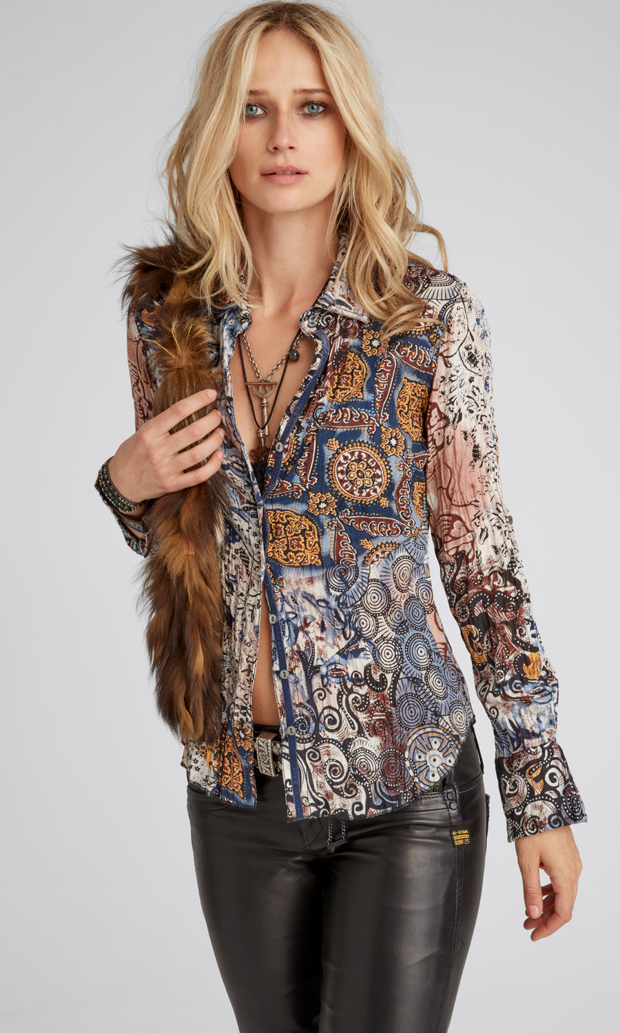 A model wears a CINO Indigo Ethnic Indigo button-down Shirt