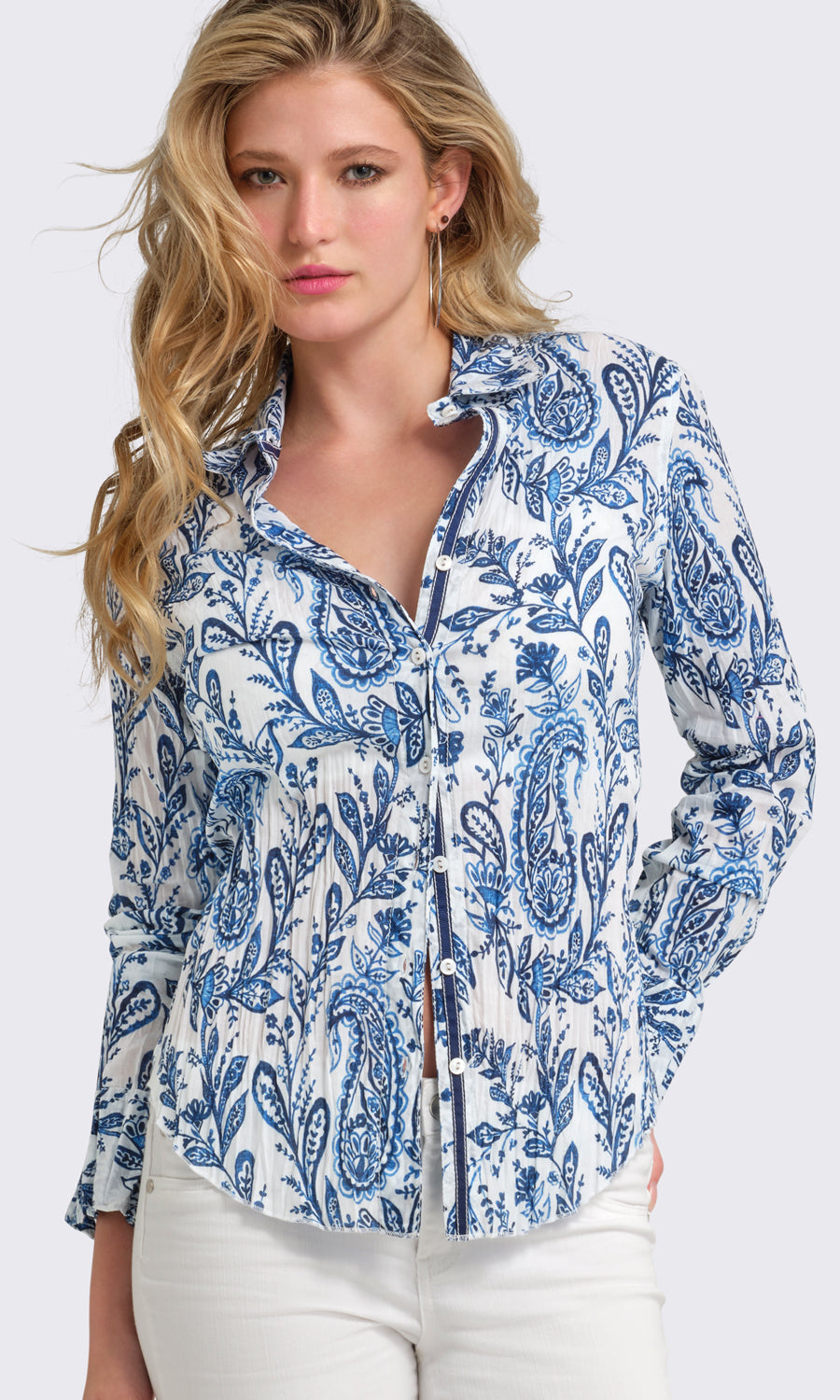 A model wears a CINO Ink Paisley Indigo button-down Shirt