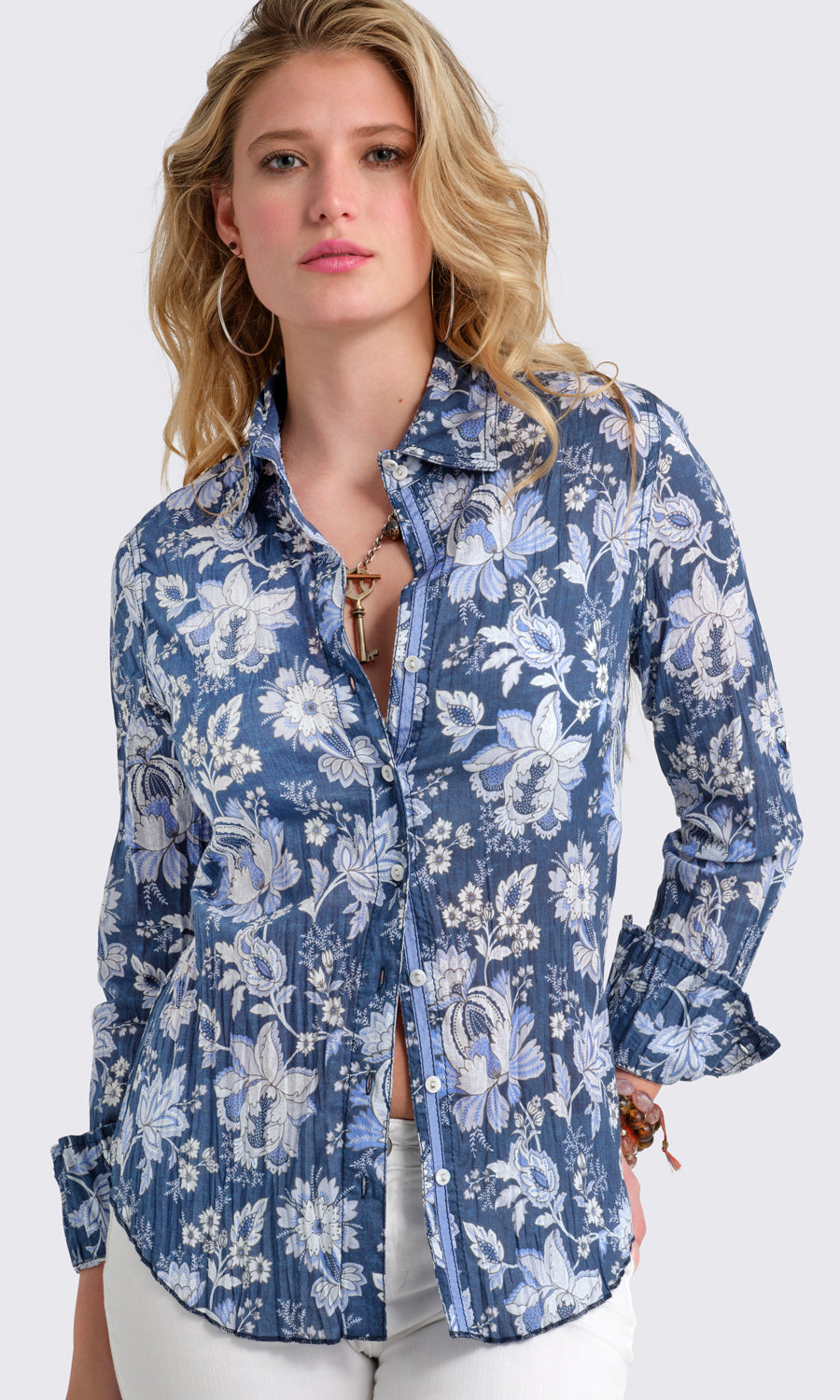 A model wears a CINO  Indigo Garden Blue button-down Shirt