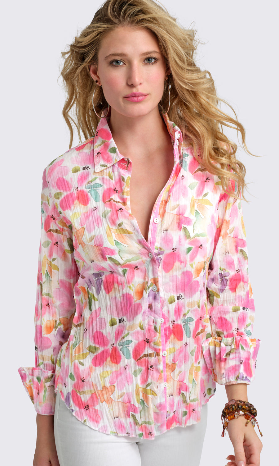 A model wears a CINO Bougainvillea Pink button-down Shirt