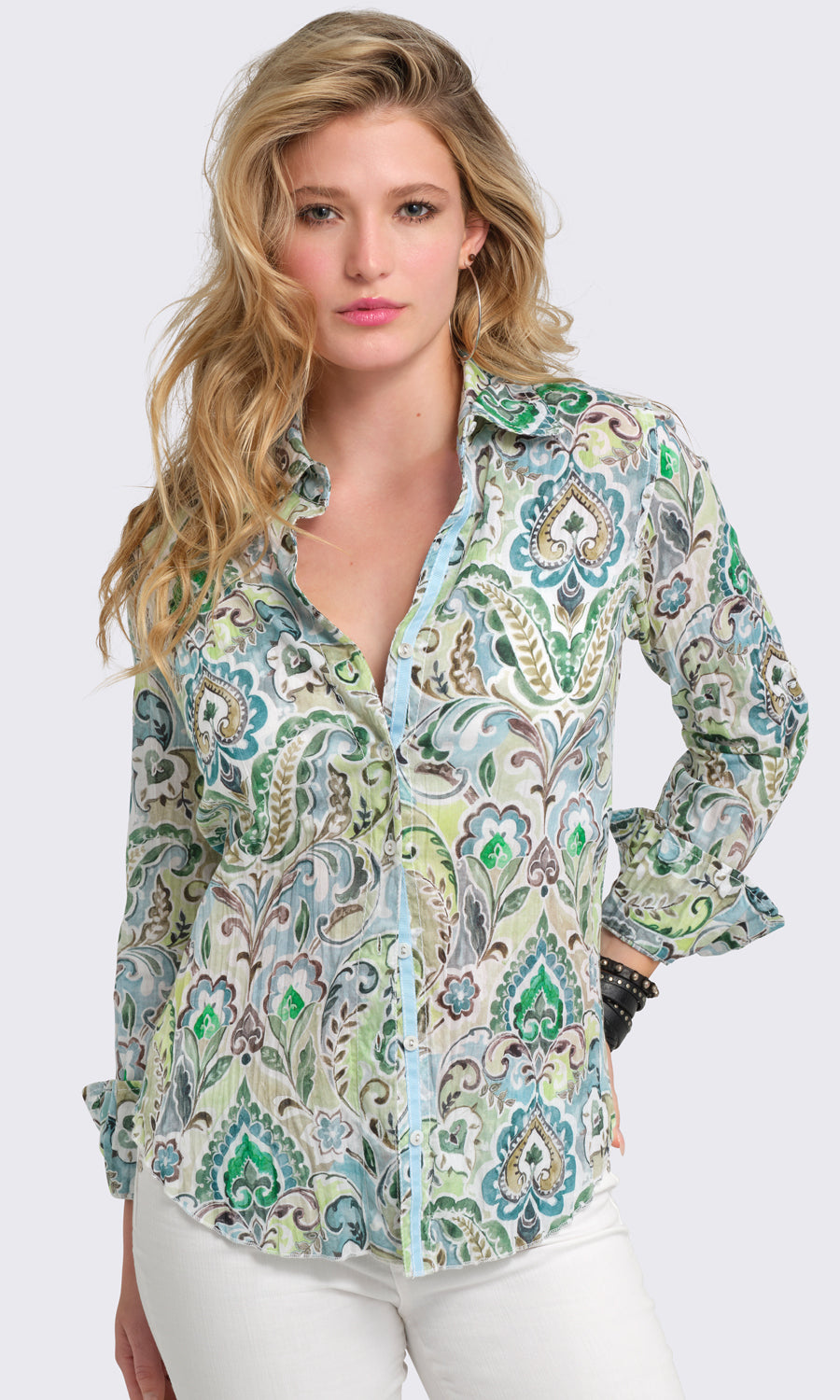 A model wears a CINO Merida Turq button-down Shirt