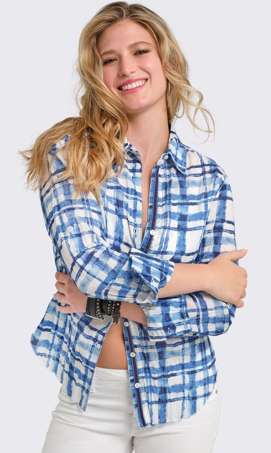 A model wears a CINO Indigo Weave button-down Shirt