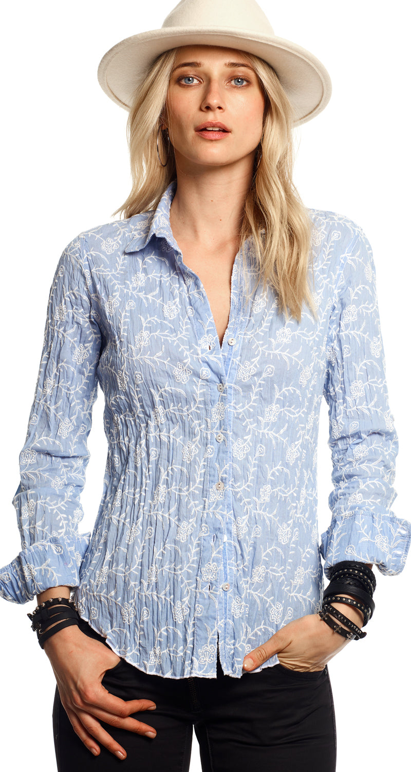 TRELLIS SOFT BLUE EMBROIDERED BUTTON DOWN SHIRT